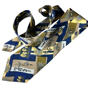 Vintage UNGARO Paris Blue Gold Geometric Silk Tie Floral Old Money Luxury Office